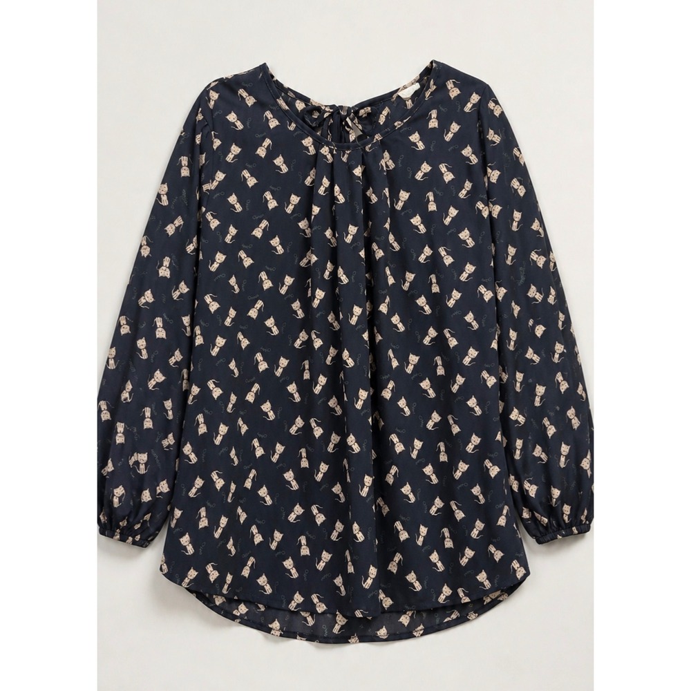 ODDY Whimsical Cat Print Long Sleeve Blouse Navy Plus Size 3X Cute Novelty